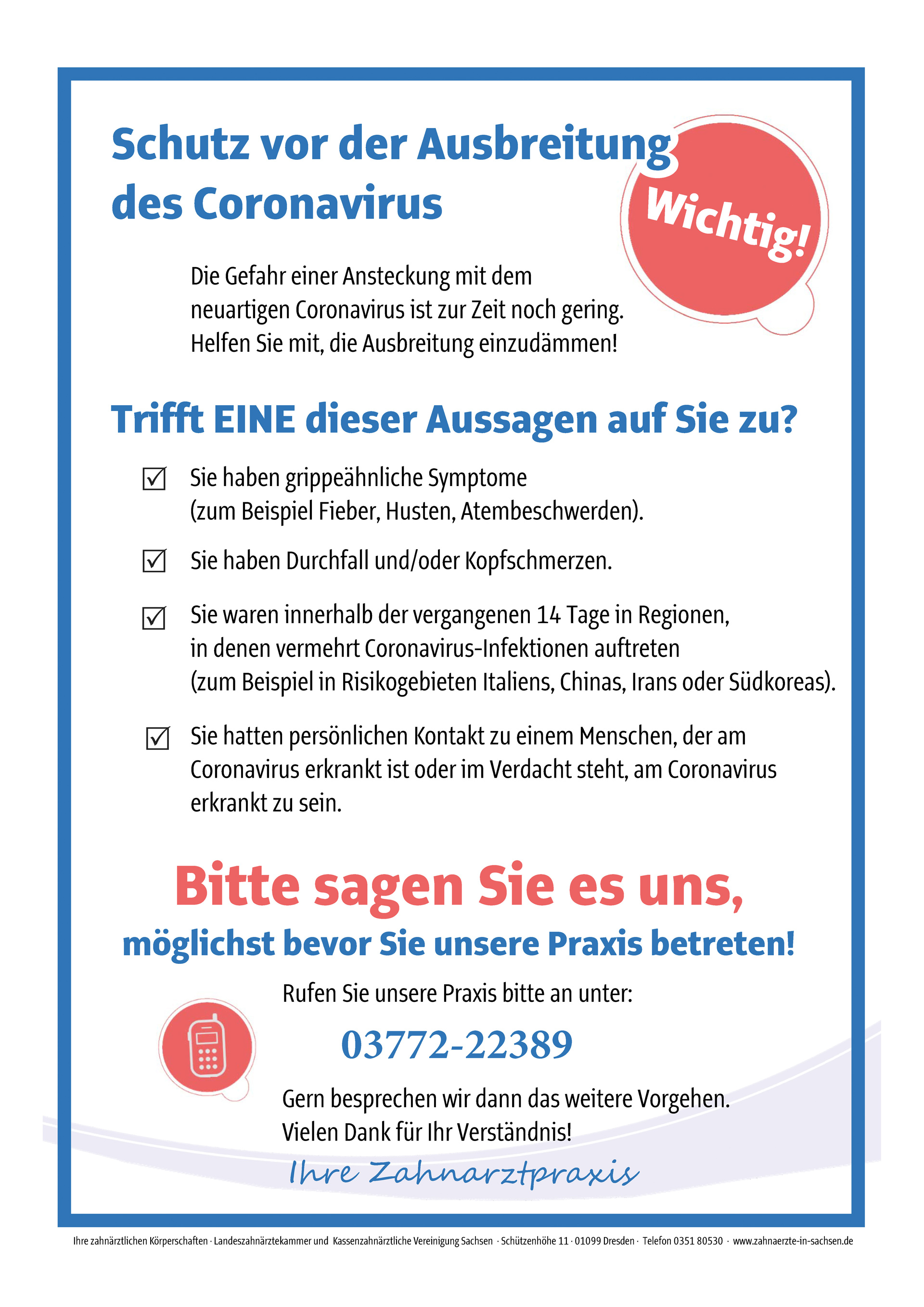 Poster A4 Patientenhinweis Coronavirus